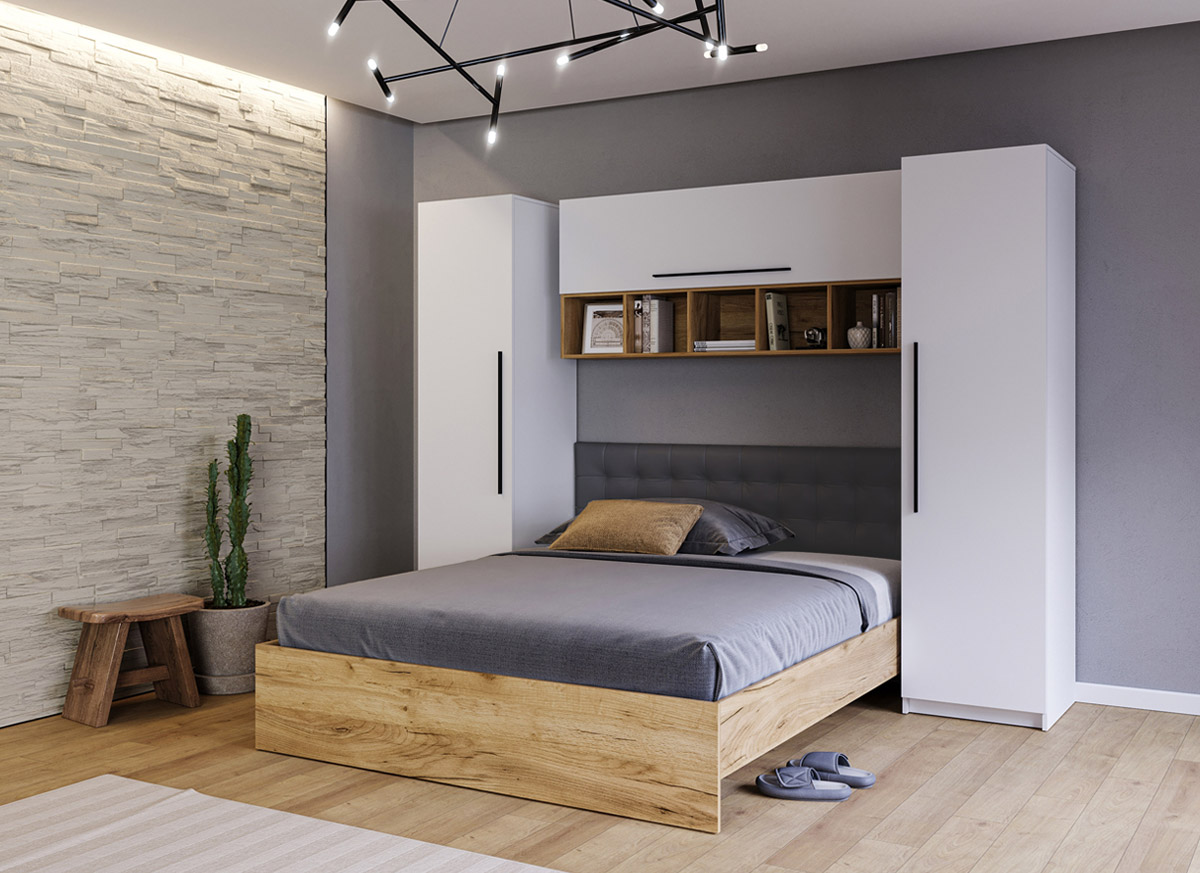 Set Mobilier Dormitor Complet Timber - Tapiterie Neagra - Configuratia 11