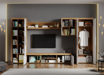 Set Mobilier Living Alb cu Stejar Auriu Crispy-C11 deschis