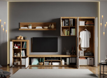 Set Mobilier Living Alb cu Stejar Auriu Crispy - C02 deschis