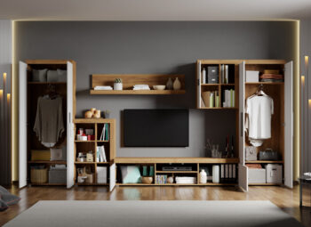 Set Mobilier Living Alb cu Stejar Auriu Crispy-C03 deschis
