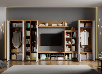 Set Mobilier Living Alb cu Stejar Auriu Crispy-C06 deschis