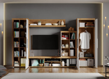 Set Mobilier Living Alb cu Stejar Auriu Crispy-C08 deschis