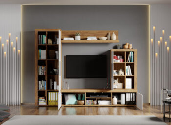 Set Mobilier Living Alb cu Stejar Auriu Crispy-C09deschis